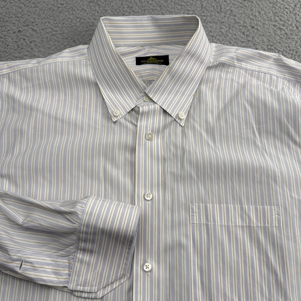 HOLLAND & SHERRY Bespoke Dress Shirt 17.5-34 Mens White Stripe Cotton London